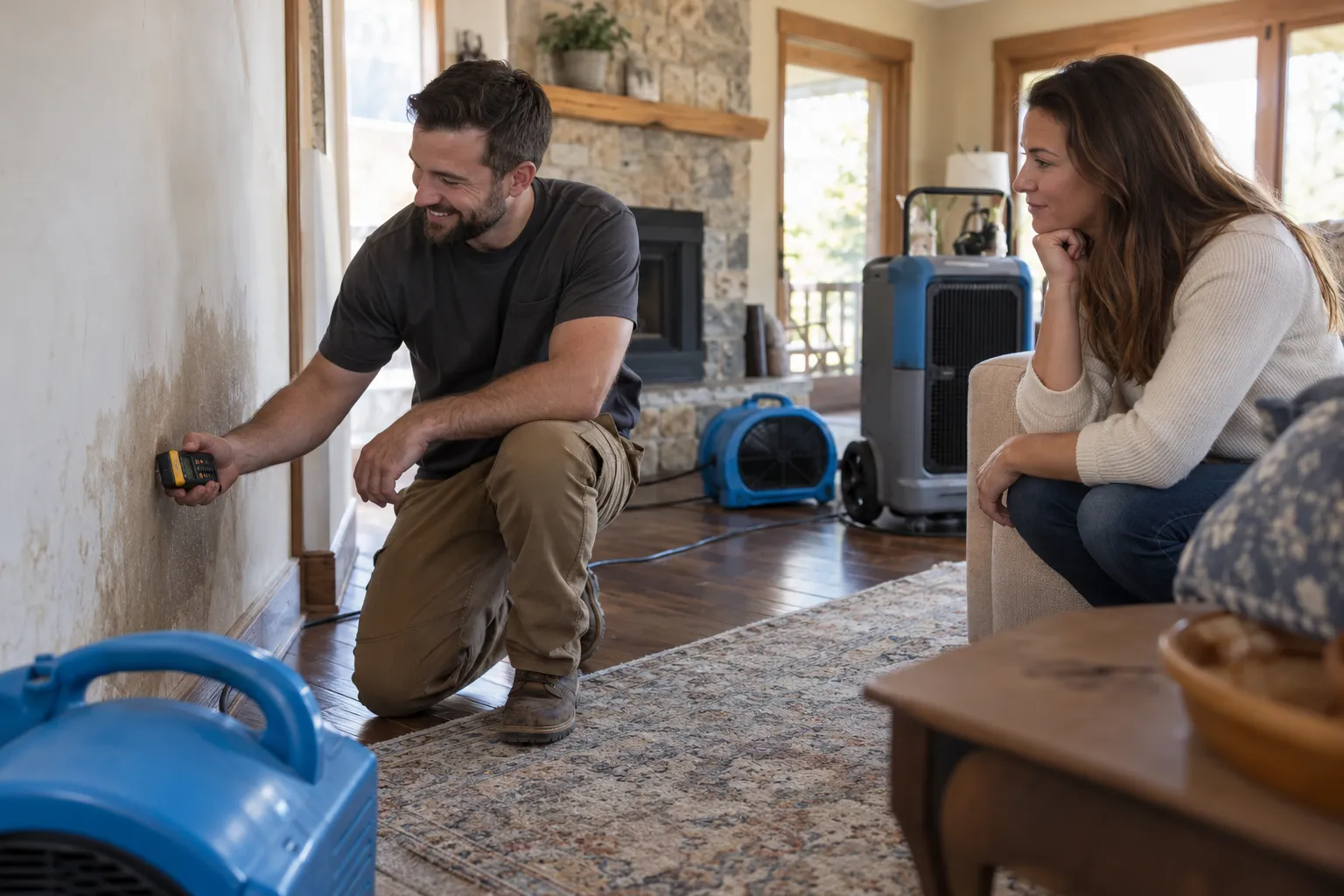Water damage restoration technician drying a flooded living room in Lansing